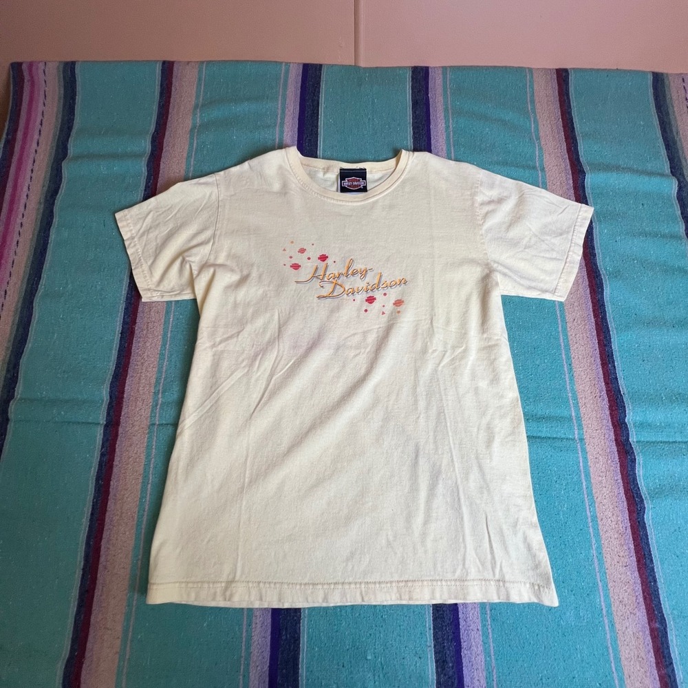 Harley Davidson T-Shirt Womens Medium Cream 1998 Snell Muskegon MI Graphic Tee